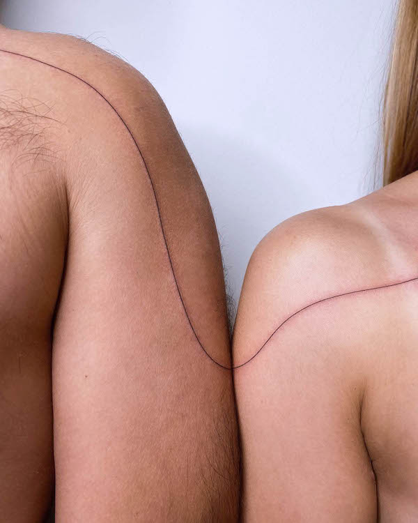 Connected lines matching couple tattoos by @nesheva_ulyana