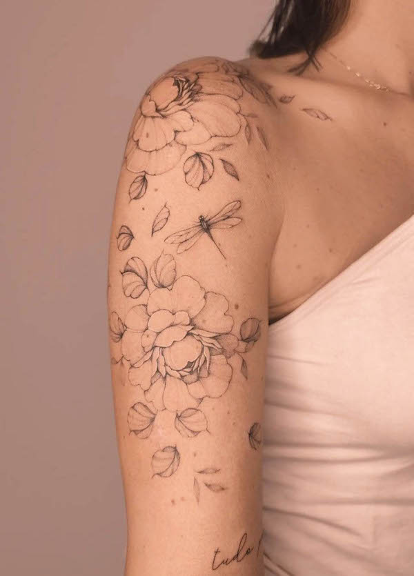 Dragonfly and flowers sleeve tattoo by @magdalenasendlak_tattoo