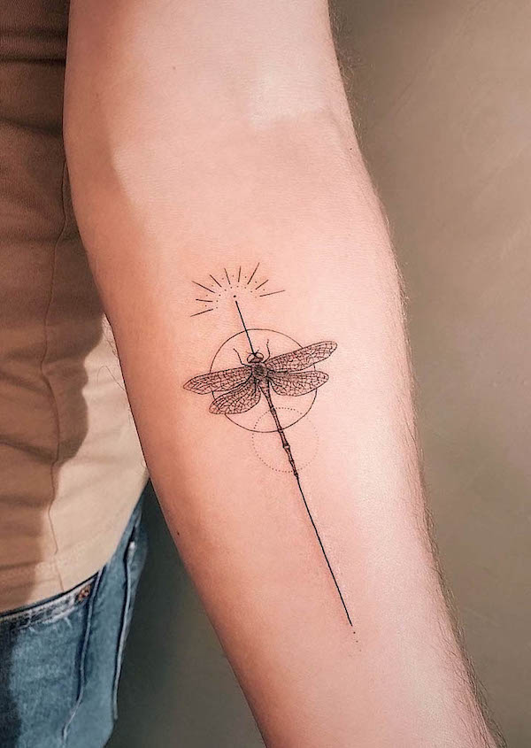 Geometric dragonfly forearm tattoo by @mar__negro