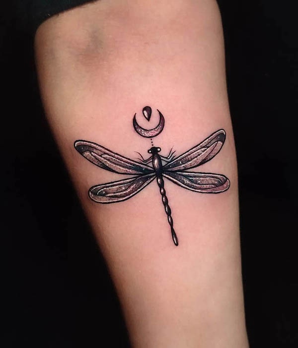 Moon and dragonfly tattoo by @bere.galleari