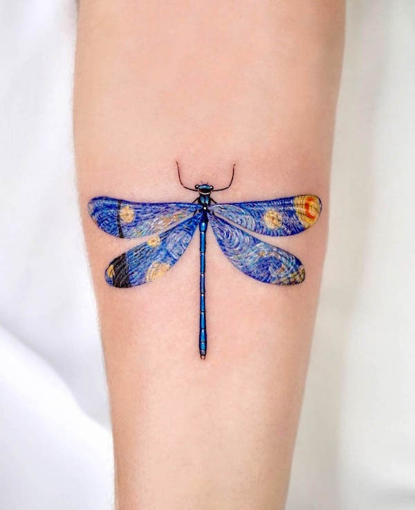 Starry Night dragonfly tattoo by @caotida